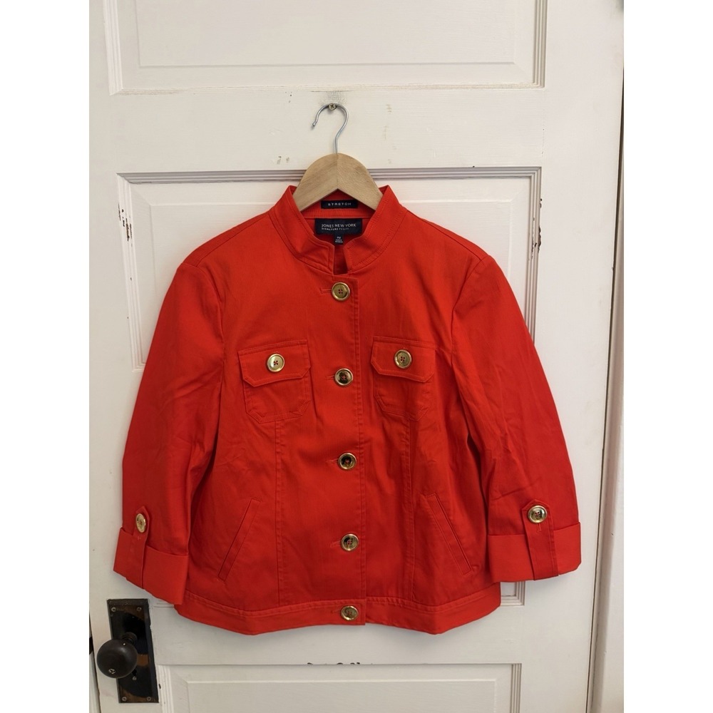 Jones New York Women's Red Orange Blazer Jacket 3/4 Sleeves Gold Buttons Size PM